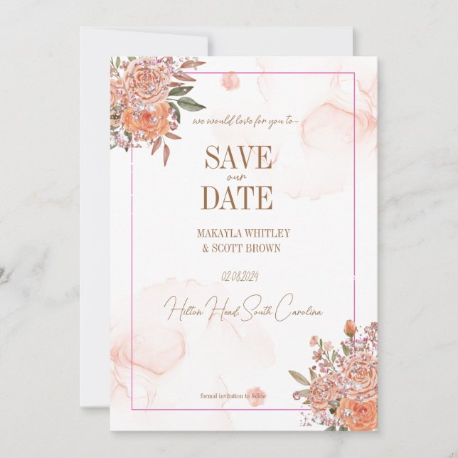 Blush Glittery Floral Save-the-date Invitation  (Front)