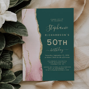 Blush Gold Agate Emerald Green 50th Birthday Party Invitation