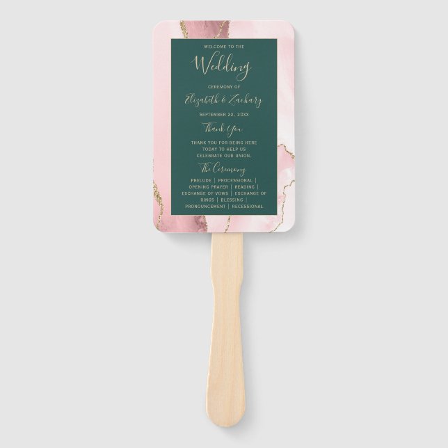 Blush Gold Agate Emerald Green Wedding Program Hand Fan (Front)