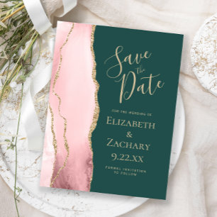 Blush Gold Agate Green Save the Date Announcement Postcard