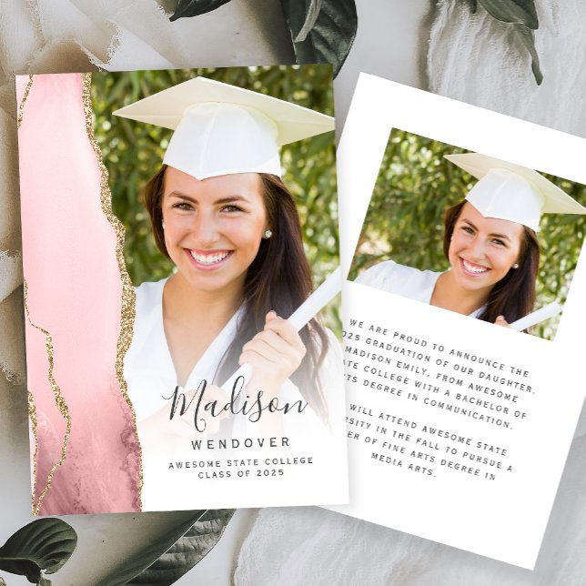 Blush Gold Agate Photo Graduation Announcement (Creator Uploaded)