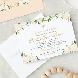 Blush Gold and Green Floral Baby Girl Baptism Invitation