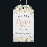 Blush Gold and Green Floral Wedding Bridal Shower Gift Tags<br><div class="desc">Wedding bridal shower favour tags feature an elegant floral watercolor frame design with painted roses,  ranunculus flowers,  and leaves in neutral shades of white,  cream,  blush pink,  gold and green. The back of the card is soft blush with abstract brushed dot pattern. Perfect for a spring or summer event.</div>