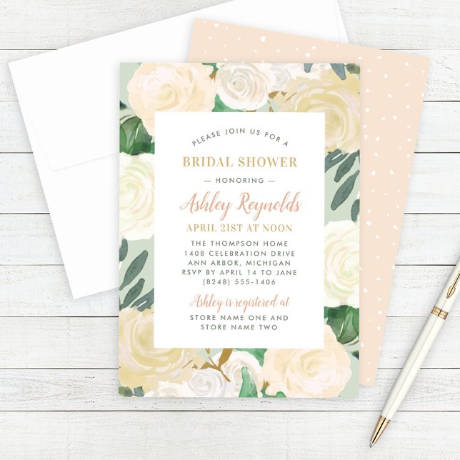 Blush Gold and Green Floral Wedding Bridal Shower Invitation (Creator Uploaded)
