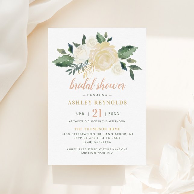 Blush Gold and Green Floral Wedding Bridal Shower Invitation (Creator Uploaded)