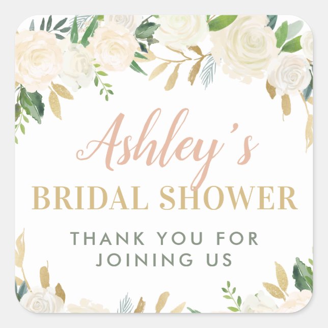 Blush Gold and Green Floral Wedding Bridal Shower Square Sticker (Front)