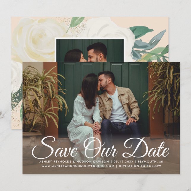 Blush Gold and Green Floral Wedding Photo Save The Date (Front/Back)