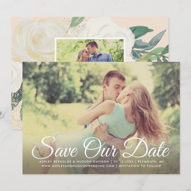 Blush Gold and Green Floral Wedding Photo Save The Date (Front/Back)