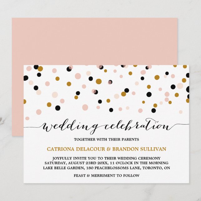 Blush, Gold & Black Confetti Dots Modern Wedding Invitation (Front/Back)