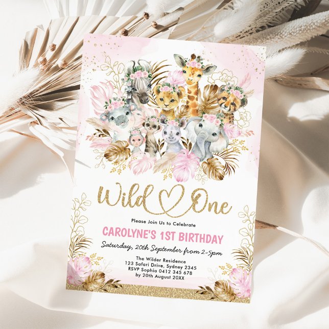 Blush Gold Boho Safari Animals Wild One Birthday Invitation (Creator Uploaded)