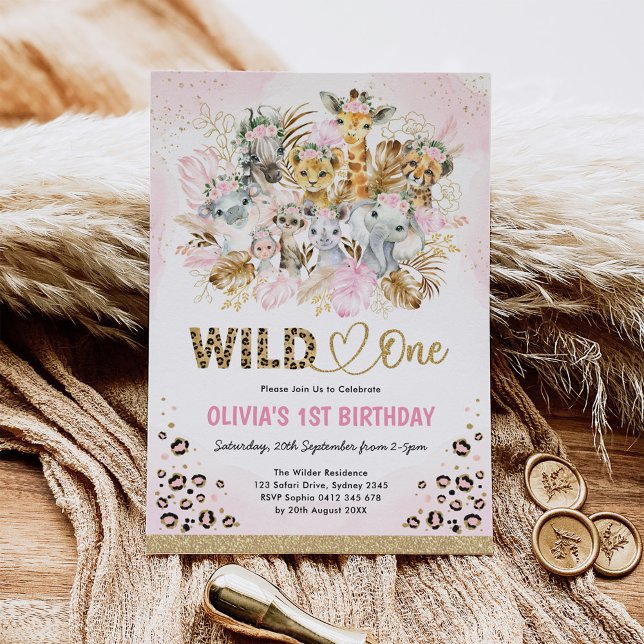 Blush Gold Boho Safari Animals Wild One Birthday Invitation (Creator Uploaded)