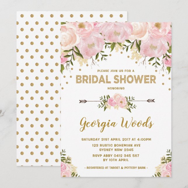 Blush Gold Bridal Shower Watercolor Peonies Invitation (Front/Back)