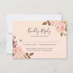 Blush Gold Brown Floral Fall Wedding RSVP Card