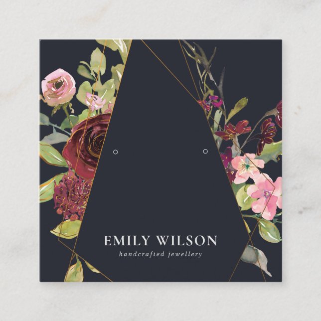 BLUSH GOLD BURGUNDY ROSE FLORAL EARRING DISPLAY SQUARE BUSINESS CARD (Front)