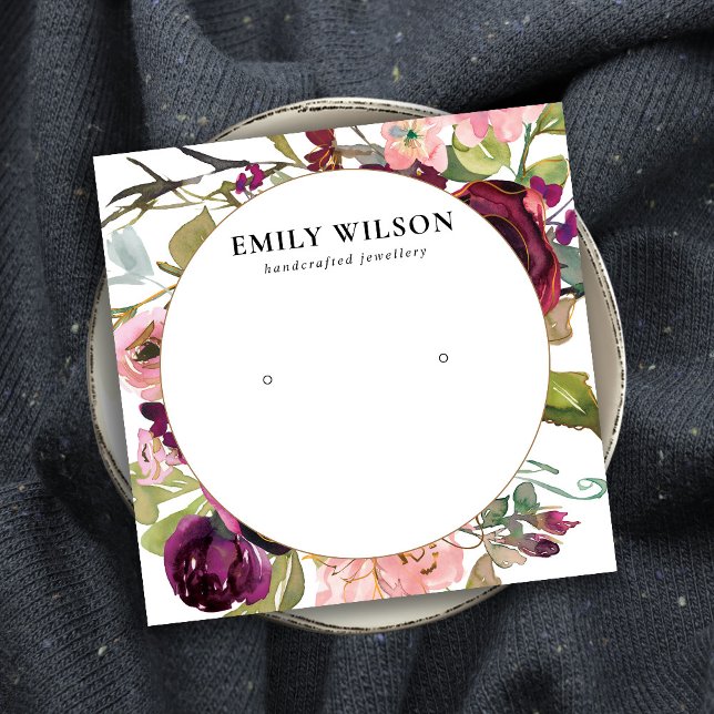 BLUSH GOLD BURGUNDY ROSE FLORAL EARRING DISPLAY SQUARE BUSINESS CARD (Creator Uploaded)