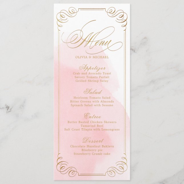 Blush gold calligraphy vintage wedding menu (Front)