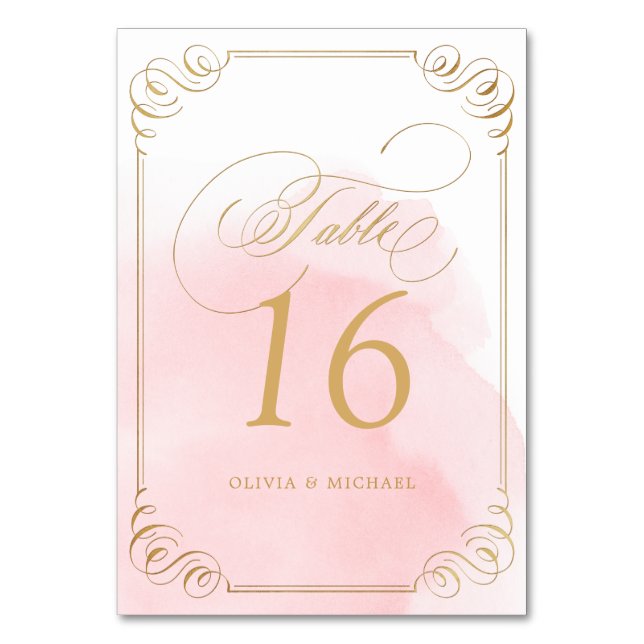 Blush gold calligraphy wedding table number (Front)