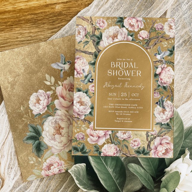 Blush Gold Chinoiserie Peony Floral Bridal Shower Invitation (Creator Uploaded)