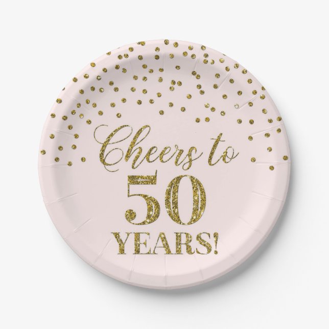 Blush Gold Confetti Cheers to 50 Years Birthday Paper Plate (Front)