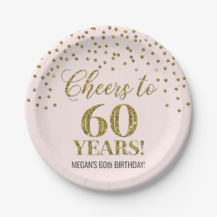 Blush Gold Confetti Cheers to 60 Years Birthday Paper Plate