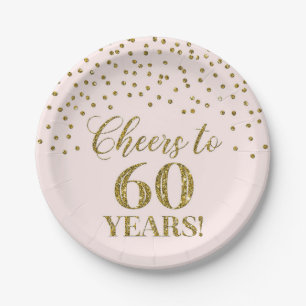 Blush Gold Confetti Cheers to 60 Years Birthday Paper Plate