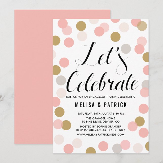 Blush & Gold Confetti Polka Dots Engagement Party Invitation (Front/Back)
