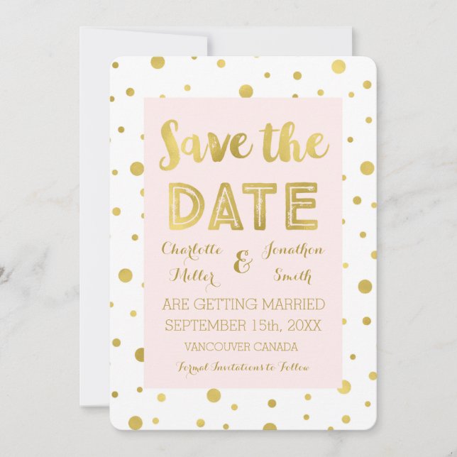 Blush Gold Confetti Wedding Photo Save the Date (Front)