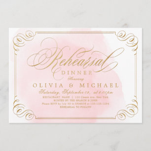 Blush gold elegant calligraphy rehearsal dinner invitation