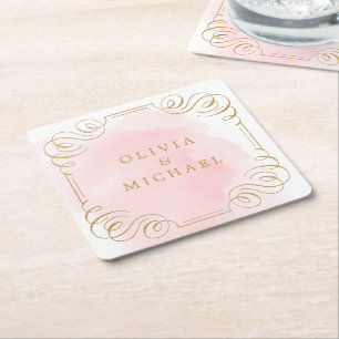 Blush gold elegant vintage flourish couples name square paper coaster