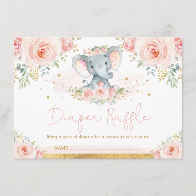 Blush Gold Elephant Baby Girl Shower Diaper Raffle Enclosure Card (Front)