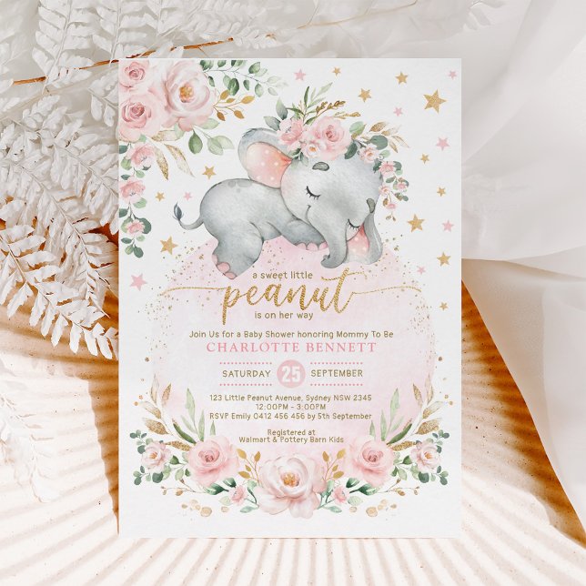 Blush Gold Elephant Floral Moon Stars Baby Shower Invitation (Creator Uploaded)