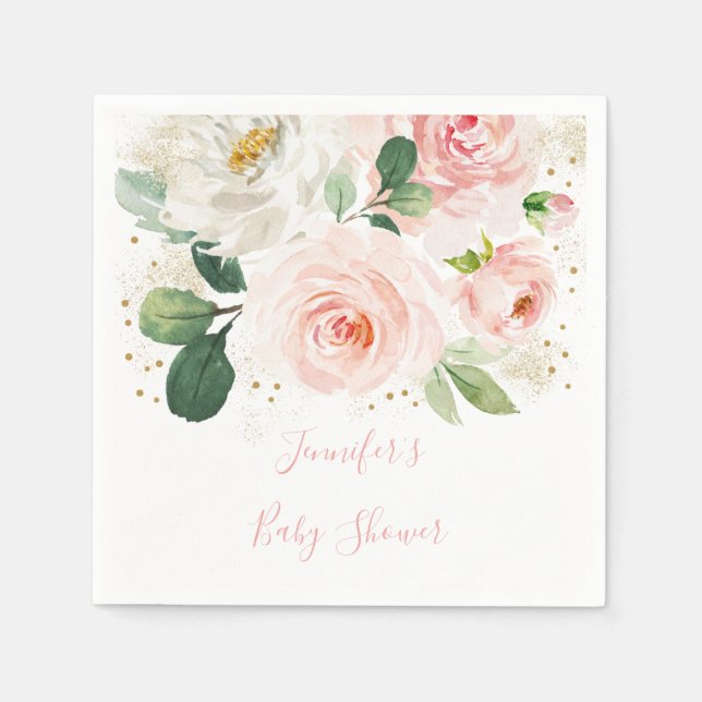 Blush | Gold Floral Baby Shower Napkin (Front)