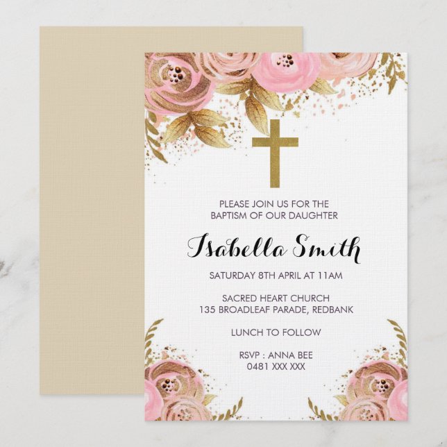 Blush Gold floral Baptism / Christening Invitation (Front/Back)