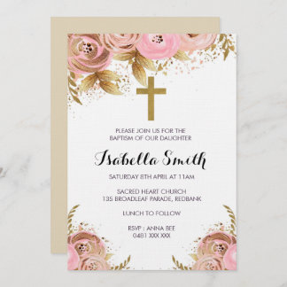 Blush Gold floral Baptism / Christening Invitation
