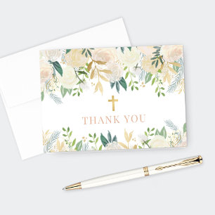 Blush Gold Floral Border First Communion Girl Thank You Card