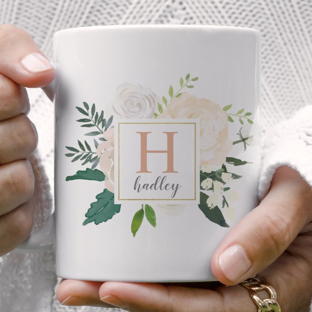 Blush Gold Floral Bouquet Custom Monogram Coffee Mug (Creator Uploaded)