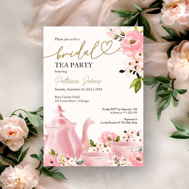 Blush Gold Floral Bridal Shower Tea Party Invitation (Creator Uploaded)