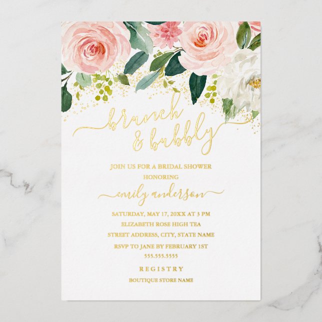 Blush Gold Floral Brunch And Bubbly Bridal Shower  (Front)