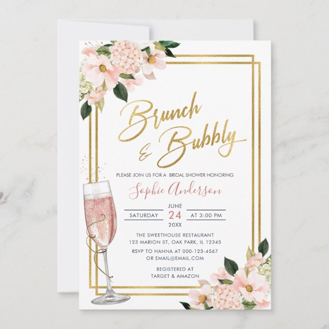 Blush Gold Floral Brunch And Bubbly Bridal Shower  Invitation (Front)