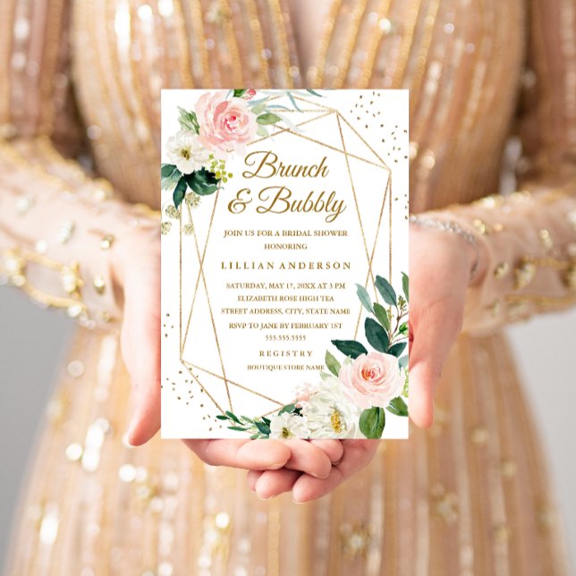 Blush Gold Floral Brunch And Bubbly Bridal Shower Invitation (Creator Uploaded)