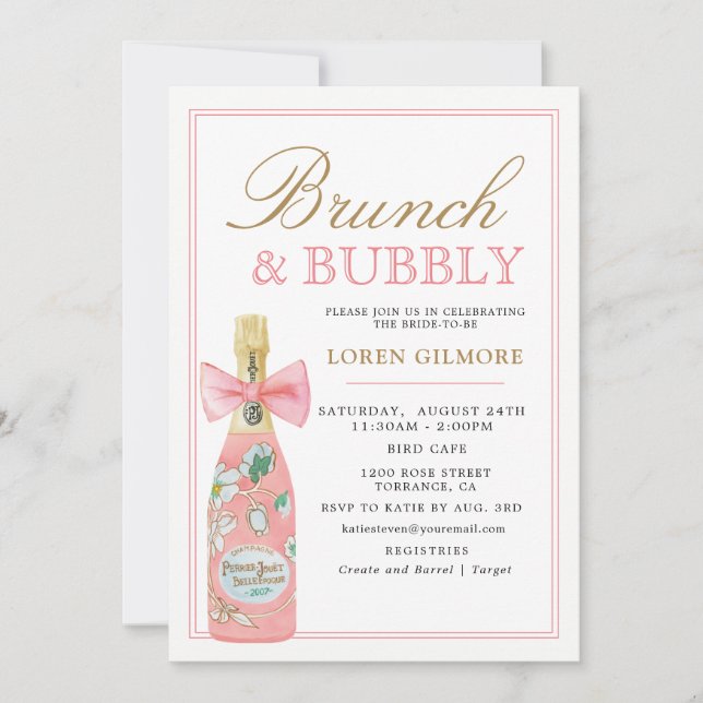 Blush Gold Floral Champagne Bridal Brunch Invitation (Front)