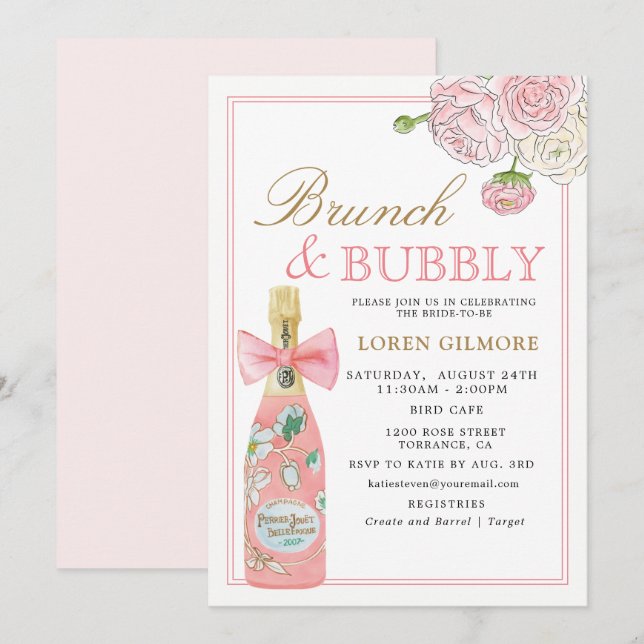 Blush Gold Floral Champagne Brunch and Bubbly Invitation (Front/Back)