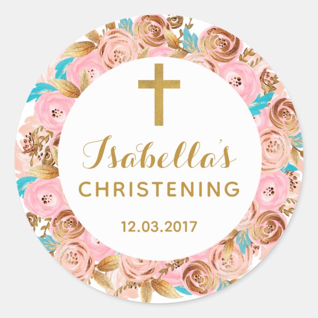 Blush Gold Floral Christening Baptism Sticker (Front)