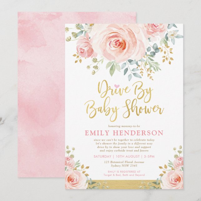 Blush Gold Floral Drive By Baby Shower Quarantine Invitation (Front/Back)