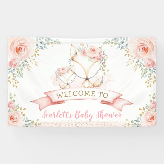 Blush Gold Floral Fox Woodland Baby Shower Welcome Banner (Horizontal)