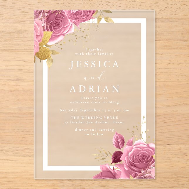 Blush & Gold Floral Frame Wedding Acrylic Invitations (Front)