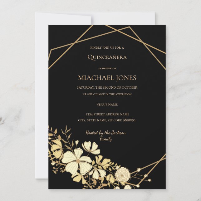 Blush Gold Floral Geometric Quinceanera  Invitatio Invitation (Front)