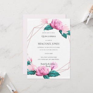 Blush Gold Floral Geometric Quinceanera  Invitatio Invitation