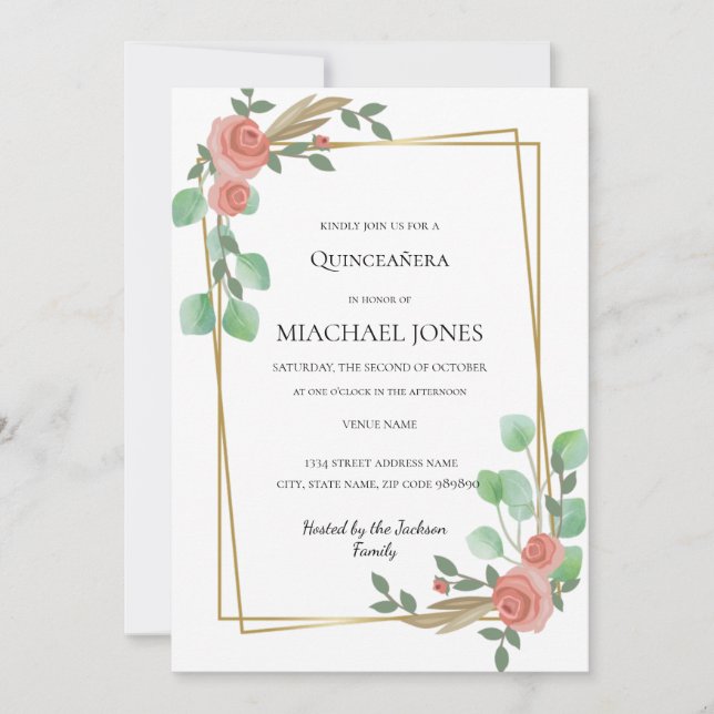 Blush Gold Floral Geometric Quinceanera  Invitatio Invitation (Front)