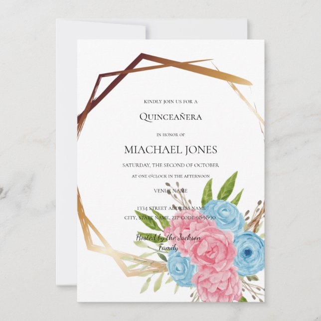 Blush Gold Floral Geometric Quinceanera  Invitatio Invitation (Front)